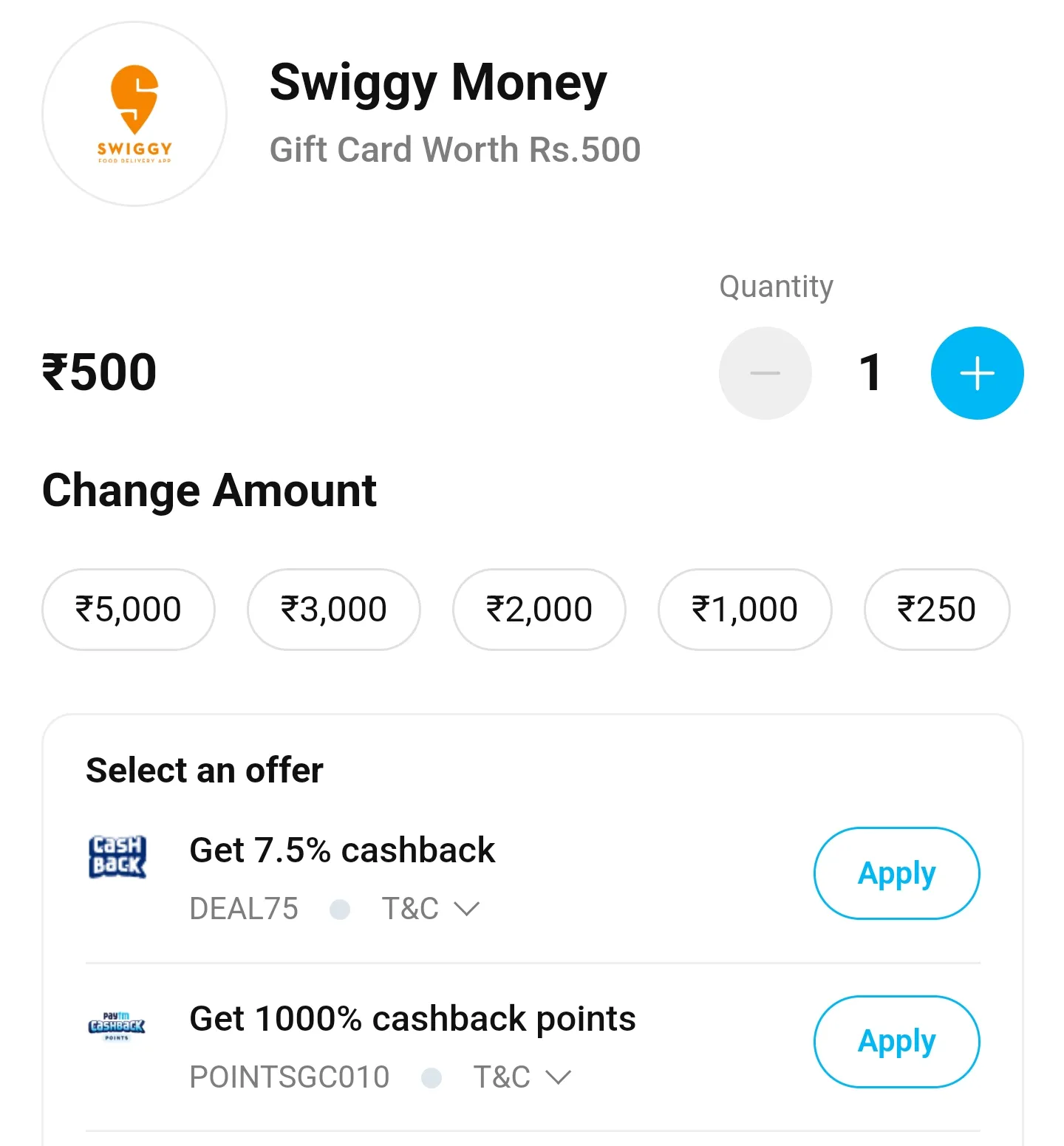 Swiggy gift card at 10% cashback paytm