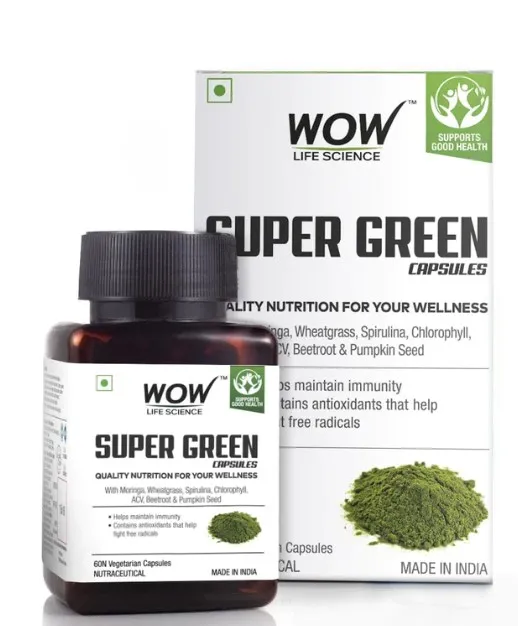 SUPER GREEN CAPSULES   WITH MORINGA, WHEATGRASS 550MG   60 VEG CAPSULES