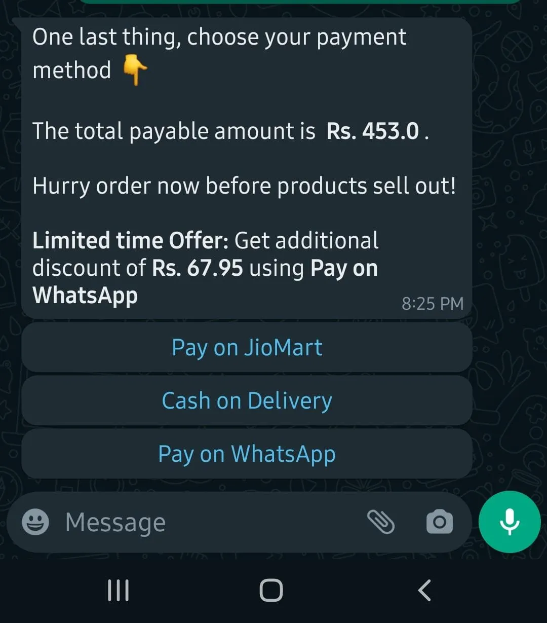 whatsapp pay jiomart